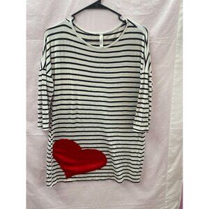 Kogmo Women's Large White & Black Stripe Long Sleeve Shirt with Red Heart.